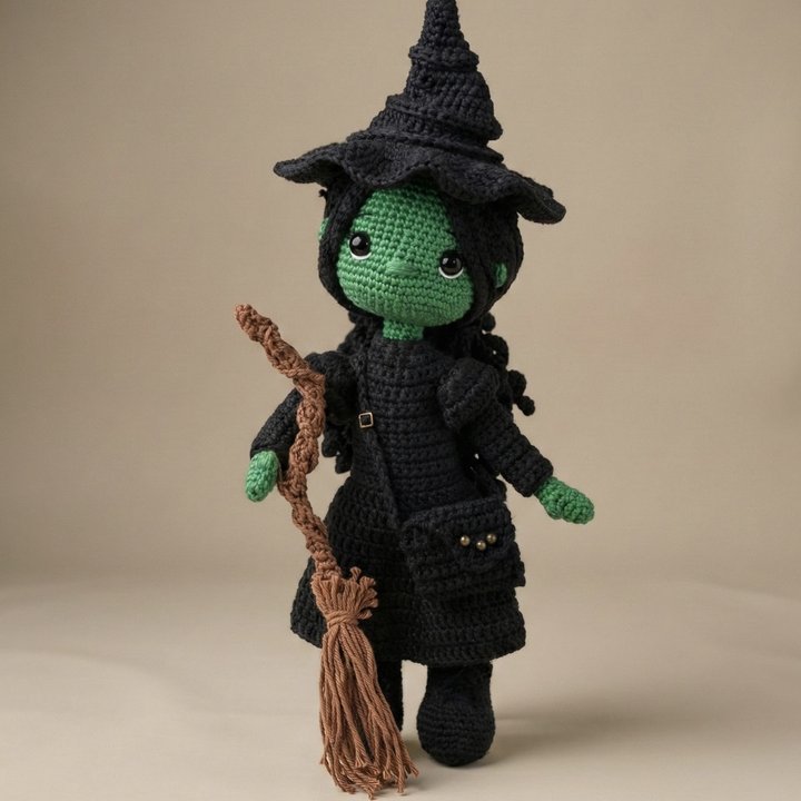 Green skinned crochet witch doll with a broom